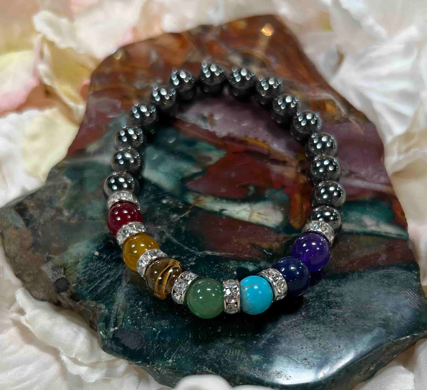 Bracelet 7 chakras + hématite 8mm