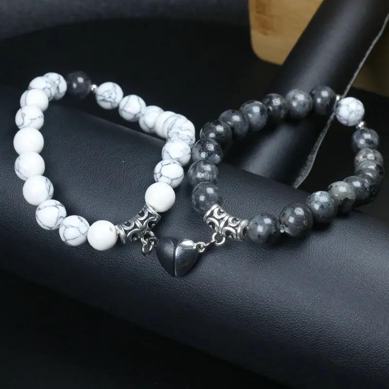Bracelet couple coeur Onyx Howlite