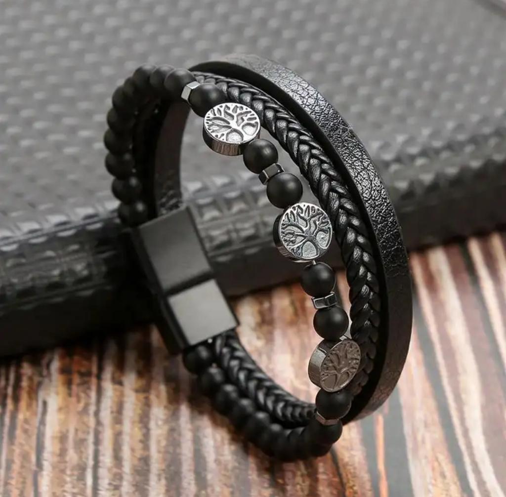 Bracelet semi cuir avec pierre Naturel onyx & Arbre de vie