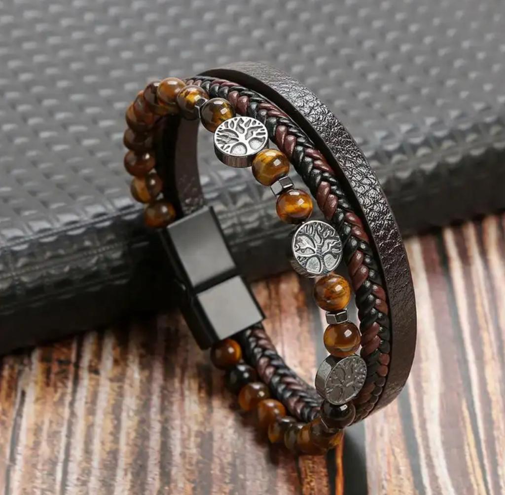 Bracelet homme semi cuir œil de tigre & arbre de vie