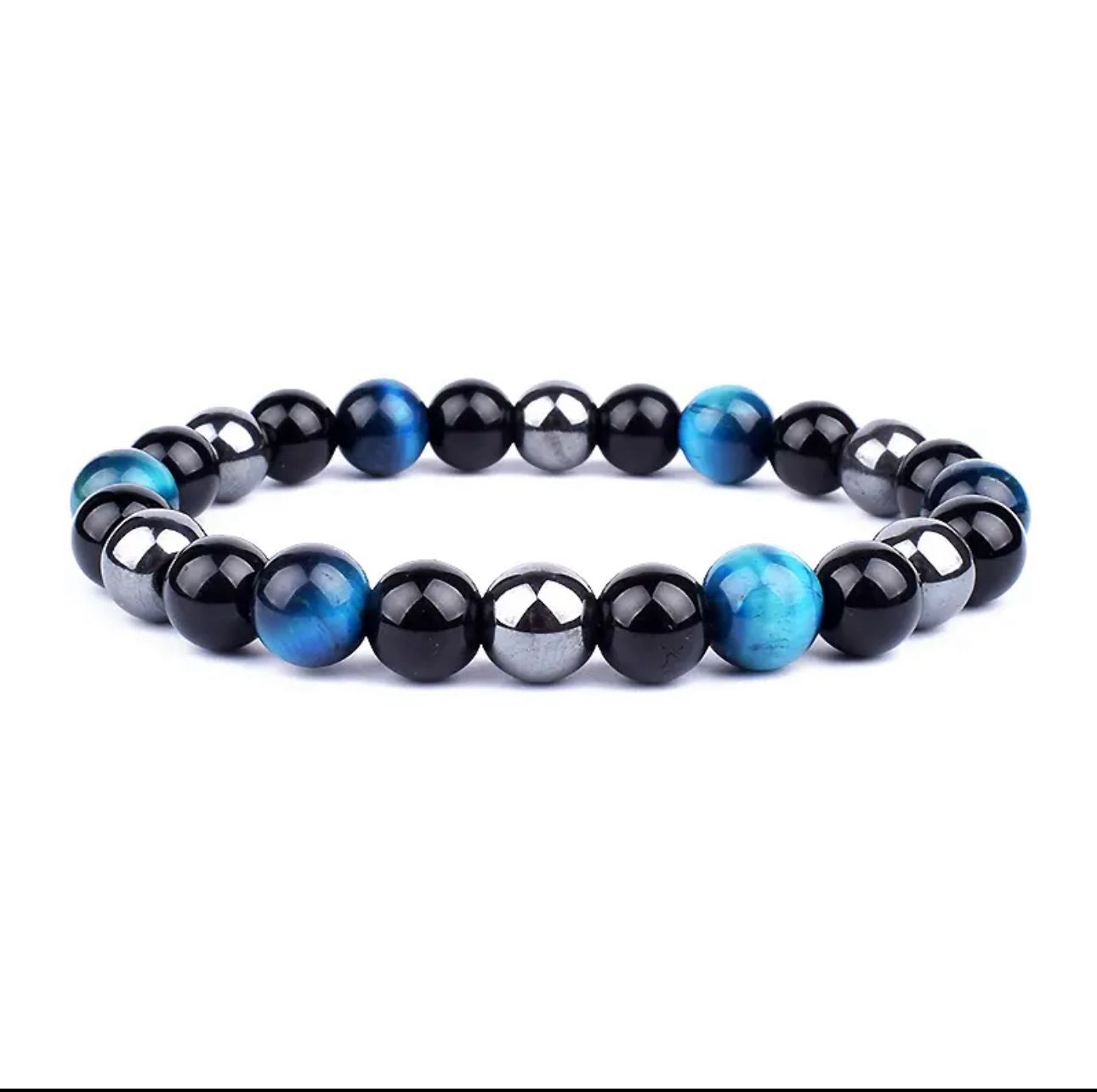 Bracelet mixte œil de tigre bleu hématite & onyx noir 8 mm