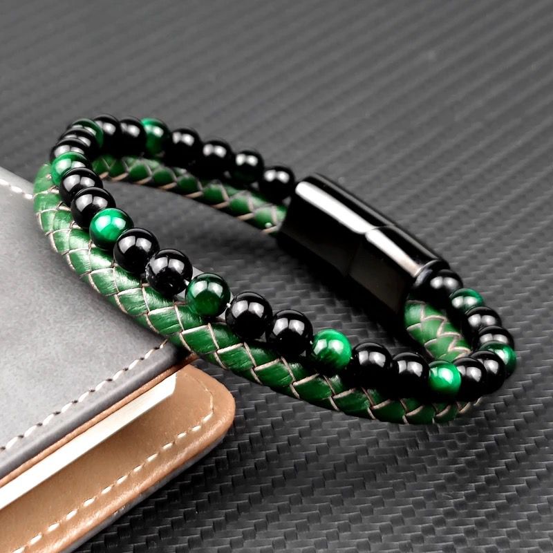 Bracelet œil de tigre vert semi-cuir