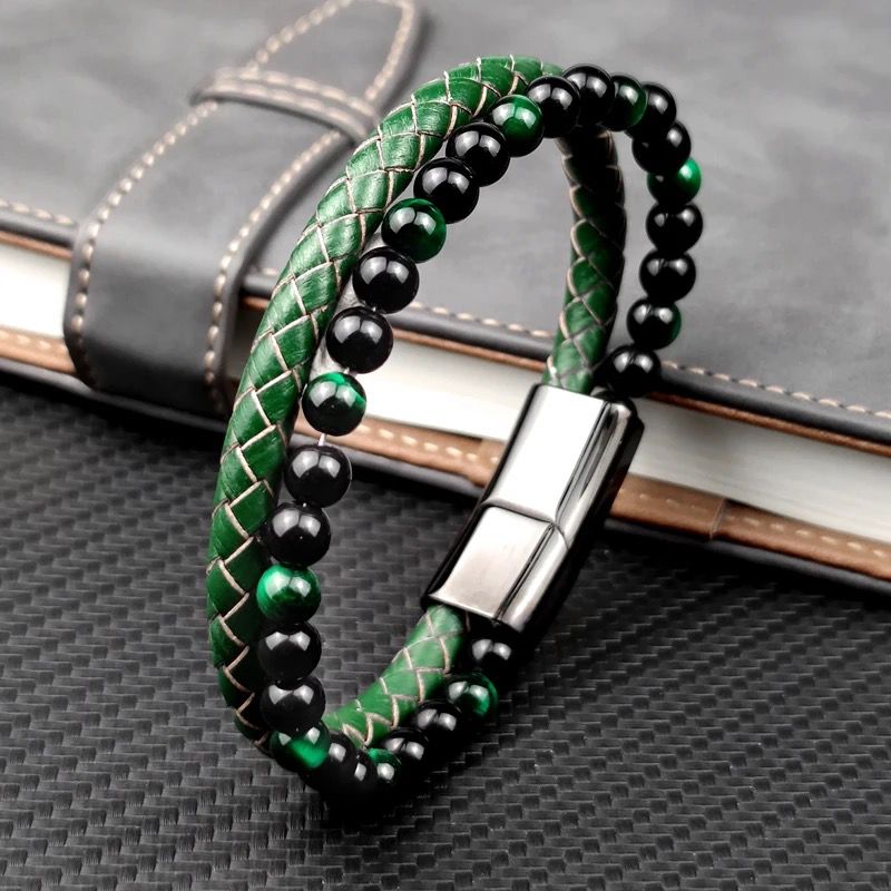 Bracelet œil de tigre vert semi-cuir