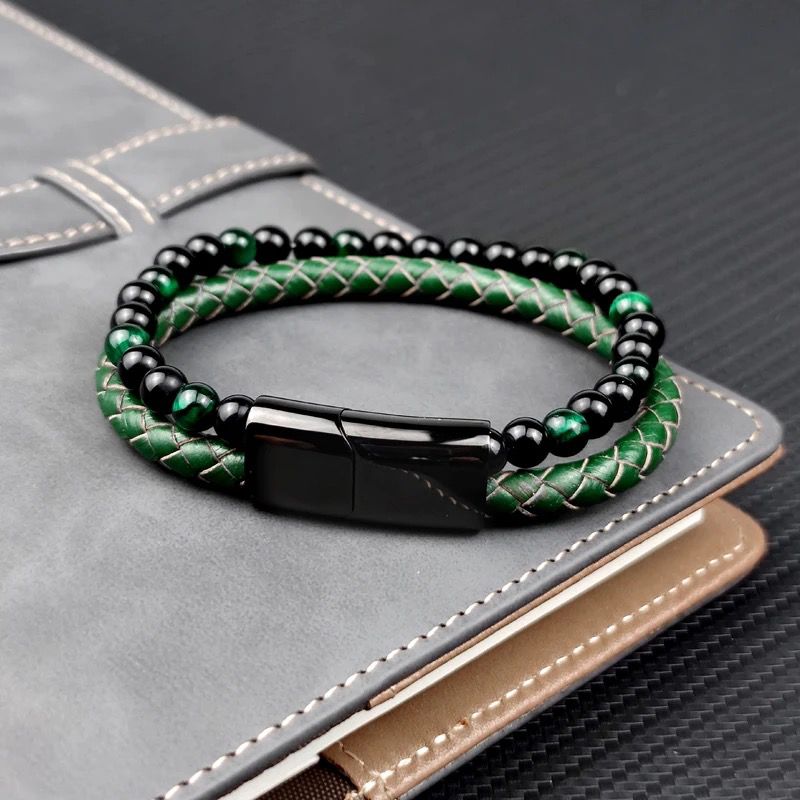 Bracelet œil de tigre vert semi-cuir