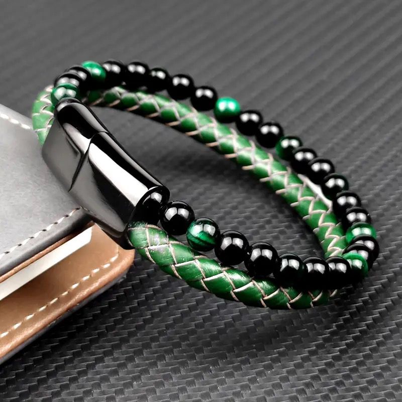 Bracelet œil de tigre vert semi-cuir