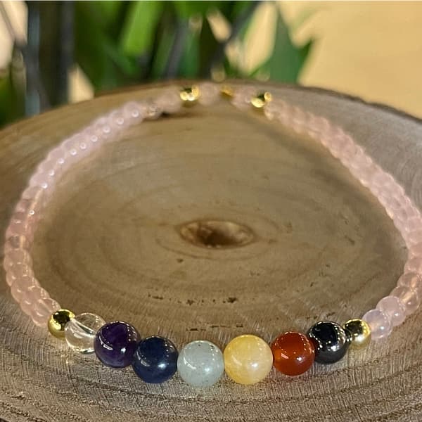 Chaine de cheville 7 Chakras quartz Rose 6mm