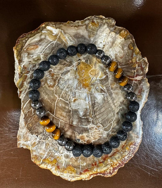Pierre œil du tigre + hématite + pierre de lave