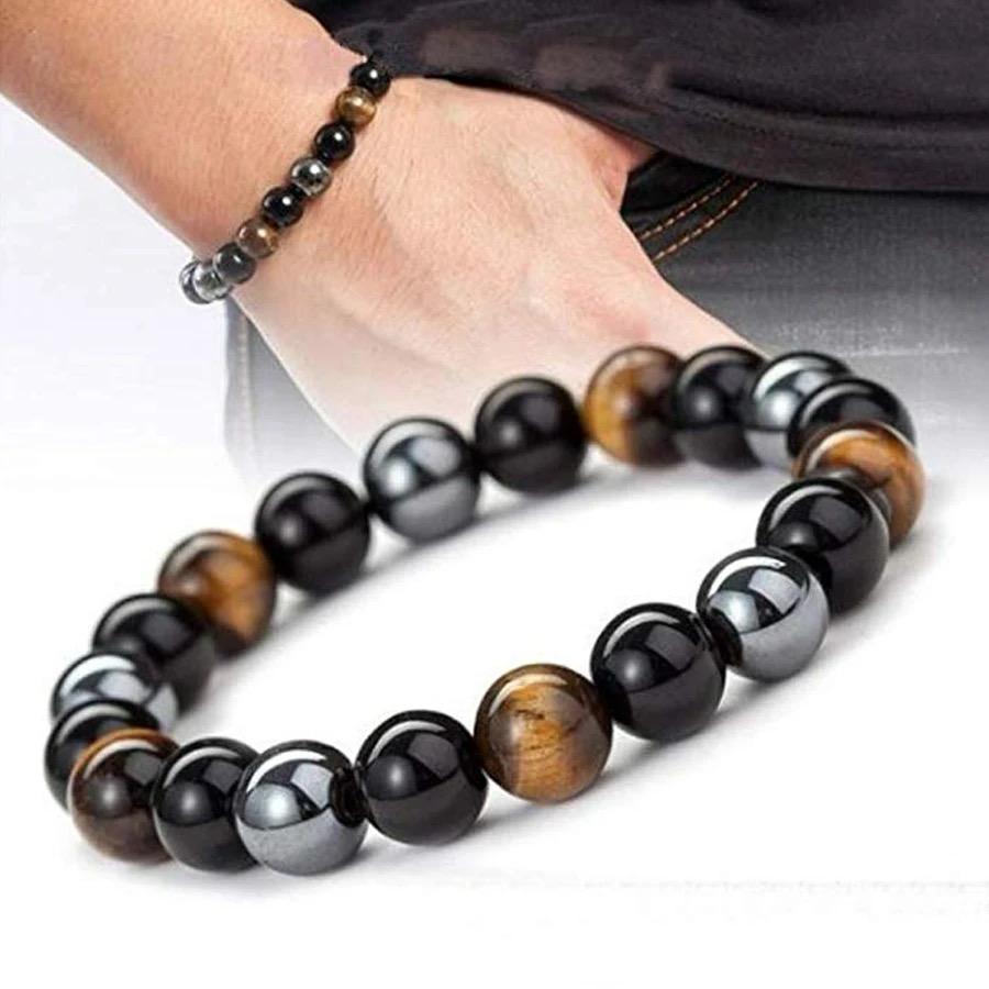 Bracelet mixte pierre naturelle œil de tigre hématite onyx 8mm