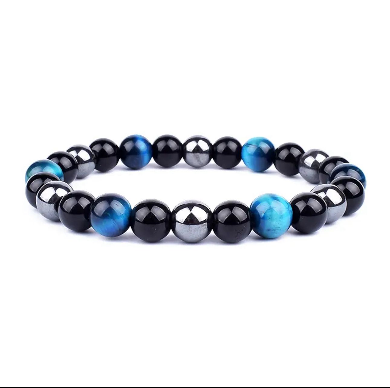 Bracelet mixte œil de tigre bleu  hématite & onyx noir 8 mm