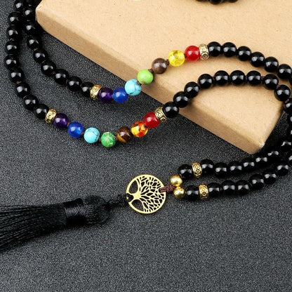 Collier onyx noir avec Arbre de Vie & 7 chakras