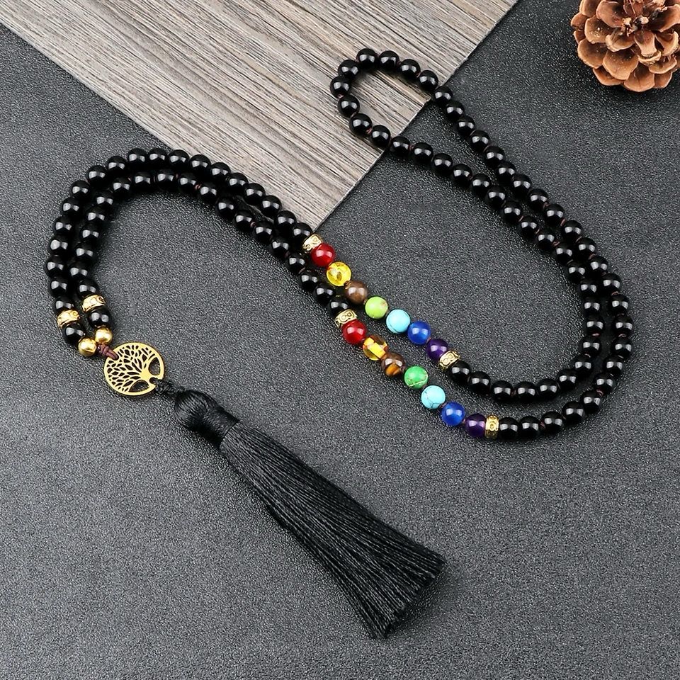 Collier onyx noir avec Arbre de Vie & 7 chakras